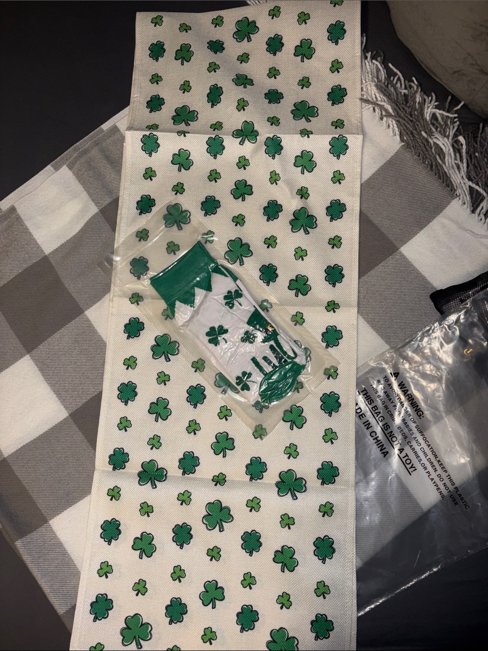 St. Patrick's Day Green Shamrock Table Runner 72 in and socks -